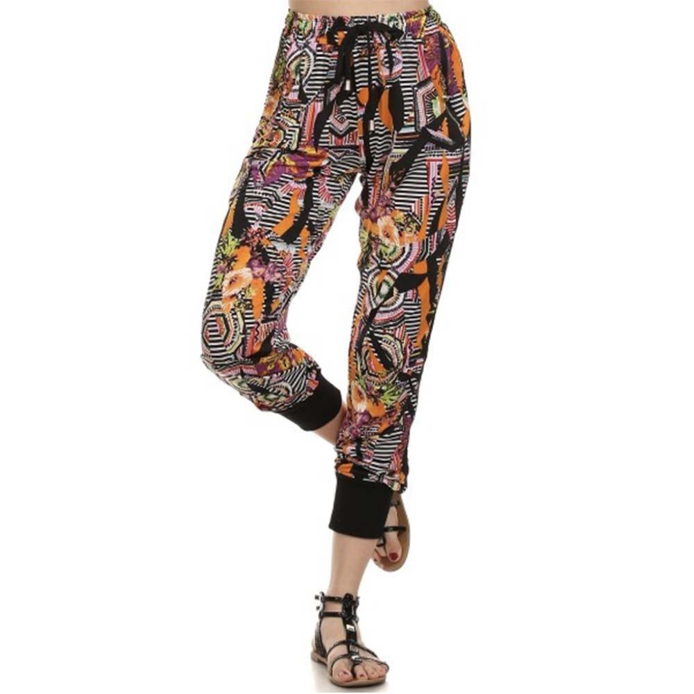 YELETE Boho Women's Joggers w/Elastic Waist. Capris. Orange, Pink, Black & White